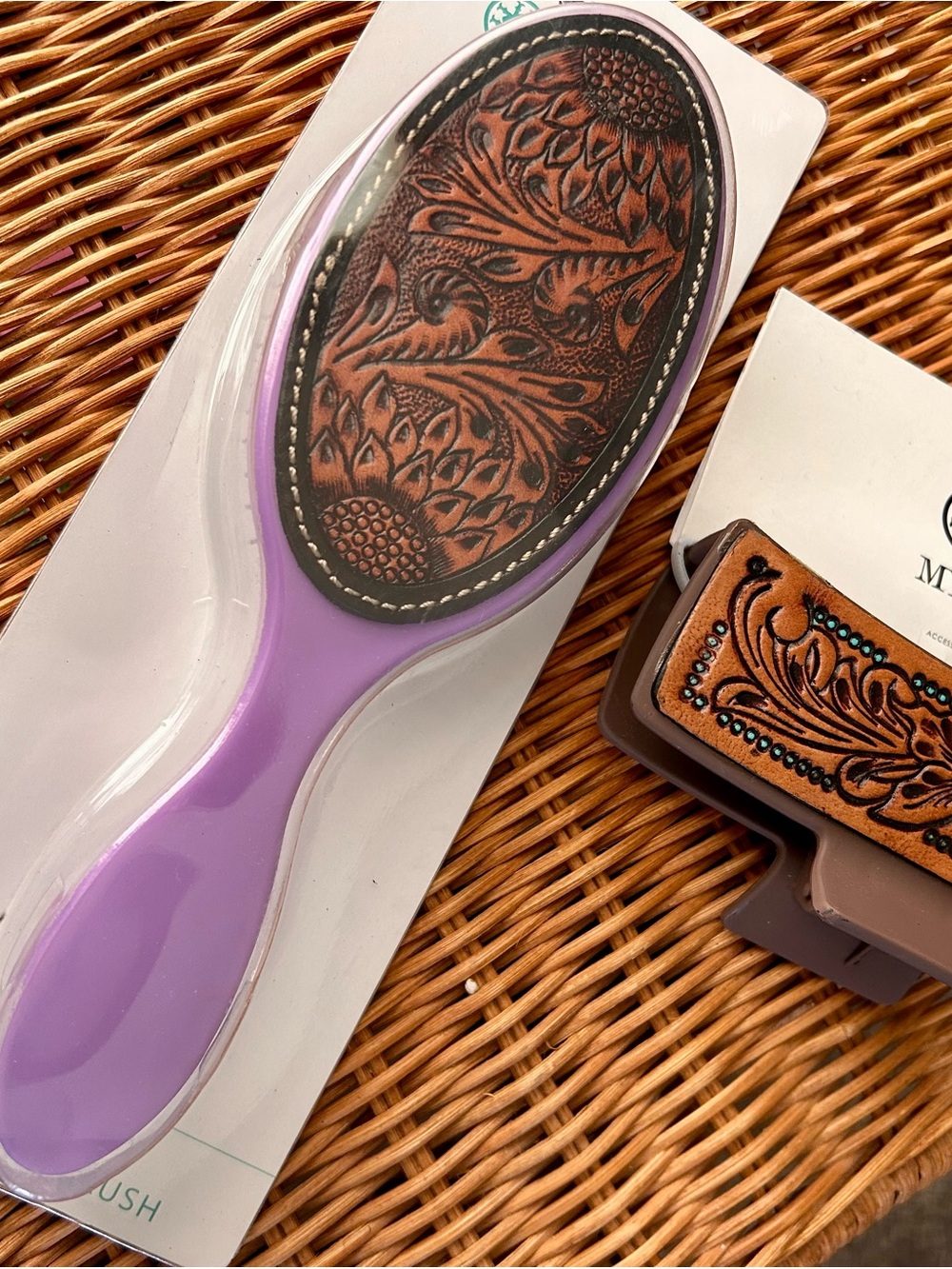 Myra Bag Brown Tooled Leather Hair Clip and Brush with Turquoise Accents